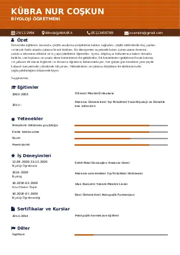 Biyoloji Öğretmeni CV Örnekleri cv indir